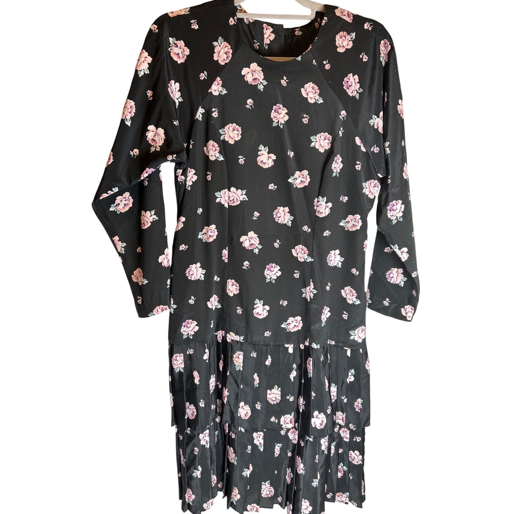 Vintage Black Floral Rose Print Pleated Midi Dress Women's‎ Size 10 STAINS